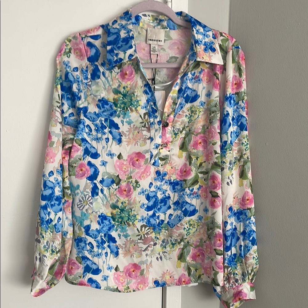 Blue and Pink Floral Long Sleeve Notched Collar Blouse